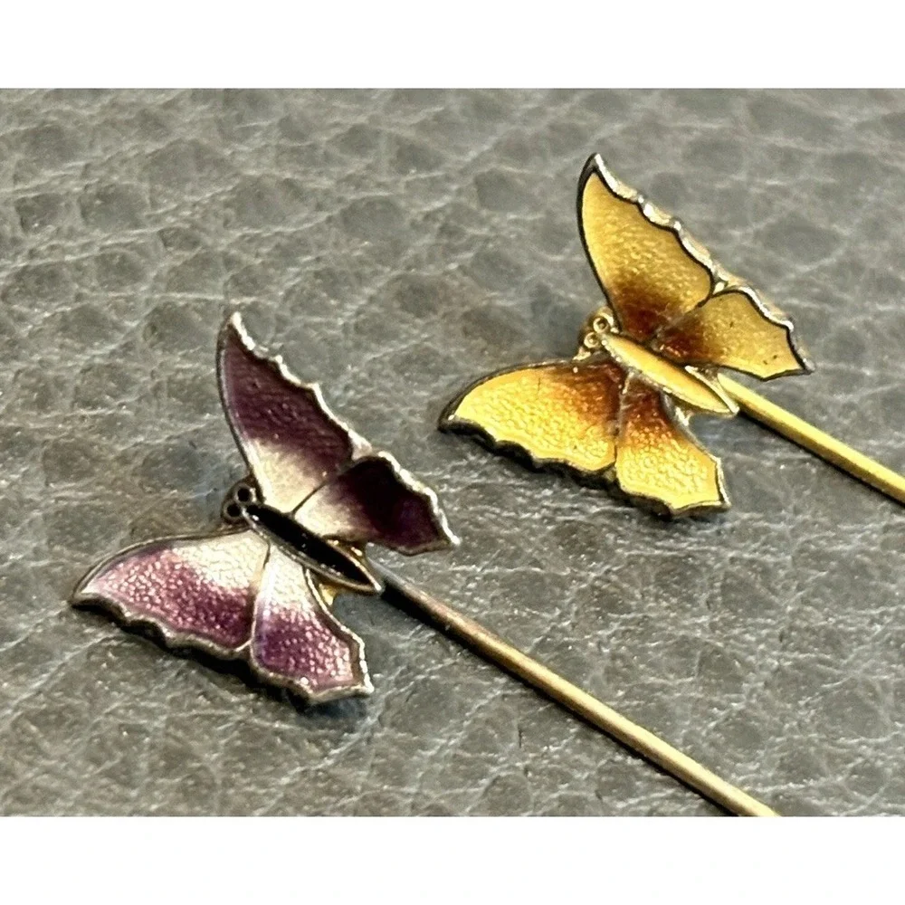 Lot 2 Vintage Butterfly Brooch Stick Pin Purple Yellow Enamel Guilloche Figural